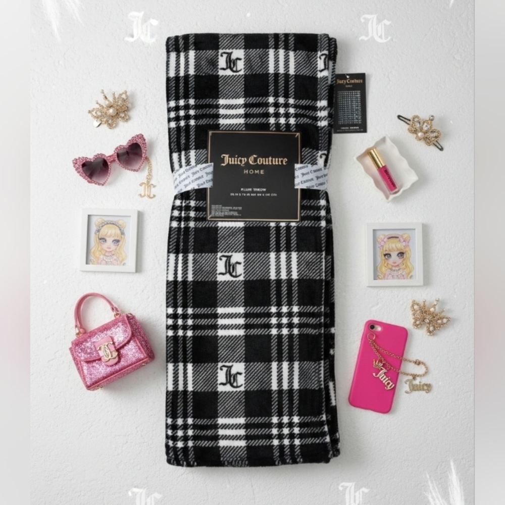 Juicy Couture Black and White Plaid Throw 50 in x 70 in NWT